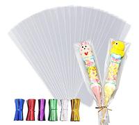 LEOSINDA 100 bolsas de celofán largas y planas transparentes de 2 x 10 pulgadas con 6 colores mezclados, lazos giratorios, bolsas de golosinas de celofán, bolsas de regalo de panadería para fiesta
