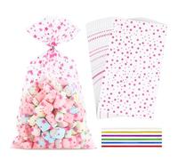 LEOSINDA 100 bolsas de celofán transparente de 7 x 12 pulgadas, 100 lazos giratorios, para envolver regalos, dulces de embalaje, postre, panadería, galletas, chocolate, decoraciones de fiesta