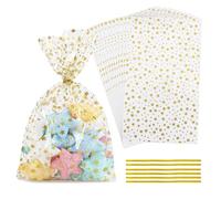 LEOSINDA 100 bolsas planas de celofán con estampado de estrellas de 7 x 12 pulgadas, bolsas de papel fresco, bolsas de galletas de poliéster con cinta giratoria de 1.36 mils para reuniones de fiestas,