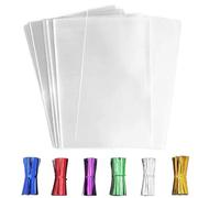 LEOSINDA - 50 bolsas de celofán transparentes, 12 x 18 pulgadas, grandes bolsas de celofán transparente con 6 lazos de colores mezclados para cestas de regalo, bodas, chocolate, fiestas, baby shower,