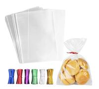 LEOSINDA Bolsas de celofán, 200 bolsas de celofán de 5 x 7 pulgadas con 6 tipos de lazos giratorios para envolver regalos, embalaje de dulces, postre, panadería, galletas, chocolate, recuerdos de