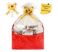 LEOSINDA Bolsas de regalo grandes de celofán de 18 x 30 pulgadas, bolsas transparentes de celofán, bolsas de envoltura de celofán de plástico OPP para cestas de regalo, 10 piezas de cinta dorada con