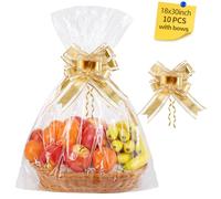LEOSINDA Bolsas de regalo grandes de celofán de 18 x 30 pulgadas, bolsas transparentes de celofán, bolsas de envoltura de celofán de plástico OPP para cestas de regalo, 10 piezas de cinta dorada con