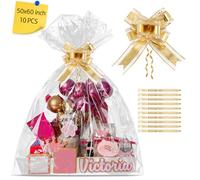 LEOSINDA Bolsas de regalo grandes de celofán de 50 x 60 pulgadas, bolsas transparentes de celofán, bolsas de envoltura de celofán de plástico OPP para cestas de regalo, 10 unidades, cinta dorada,