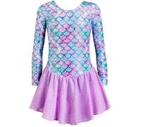 Leotardos de gimnasia para niñas con falda, tutú de ballet, vestido de danza para niños pequeños, manga con vuelo, ropa de baile de sirena para gimnasia de 2 a 11 años, Sirena morada, 4-5 años