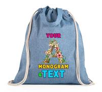 lepni.me Bolsa con cordón Personalizada con Monograma Floral | Diseño de Inicial Personalizada con Nombre o Palabra opcional | Bolsa para la escuela, gimnasio (Bolsa con Cordón Azul Multicolor)