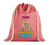 lepni.me Bolsa con cordón Personalizada con Monograma Floral | Diseño de Inicial Personalizada con Nombre o Palabra opcional | Bolsa para la escuela, gimnasio (Bolsa con Cordón Rojo Multicolor)