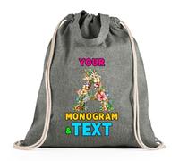 lepni.me Bolsa con cordón Personalizada con Monograma Floral | Diseño de Inicial Personalizada con Nombre o Palabra opcional | Bolsa para la escuela, gimnasio (Bolsa con Cordón Negro Multicolor)