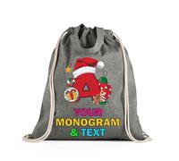 lepni.me Bolsa con cordón personalizada con monograma navideño Mochila personalizada con alfabeto navideño y letra | Bolsa reutilizable unisex (Bolsa con Cordón Negro Multicolor)