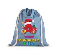 lepni.me Bolsa con cordón personalizada con monograma navideño Mochila personalizada con alfabeto navideño y letra | Bolsa reutilizable unisex (Bolsa con Cordón Azul Multicolor)