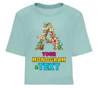 lepni.me Camiseta Personalizada para Mujer con Monograma Floral | Inicial Personalizada con tu Nombre, Palabra o Ciudad | Regalo Elegante con diseño de Texto Personalizado (M Azul Lavado Multicolor)