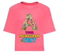 lepni.me Camiseta Personalizada para Mujer con Monograma Floral | Inicial Personalizada con tu Nombre, Palabra o Ciudad | Regalo Elegante con diseño de Texto Personalizado (S Rosado Multicolor)