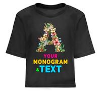 lepni.me Camiseta Personalizada para Mujer con Monograma Floral | Inicial Personalizada con tu Nombre, Palabra o Ciudad | Regalo Elegante con diseño de Texto Personalizado (M Negro Multicolor)