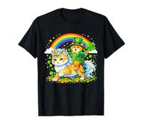 Leprechaun Cat Riding Unicorn Cat Shamrock Rainbow Camiseta