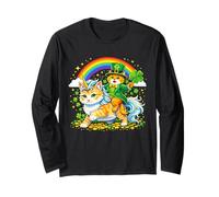 Leprechaun Cat Riding Unicorn Cat Shamrock Rainbow Manga Larga
