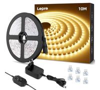 Lepro Tira LED 10M Blanca Cálida 3000K, Tira Luz Regulable 600 Leds, 1800lm, Cadena LED Autoadhesiva para Decoración Navideña de Cocina Interior(con Fuente de Alimentación y Regulador de Intensidad)
