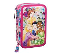 L'ERBAVOGLIO Estuche escolar de 3 cremalleras original con 44 piezas, Disney Princess (Celeste/Rosa), Portalápices para niños