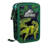 L'ERBAVOGLIO - Jurassic - Estuche escolar con 3 cremalleras original de Jurassic - Completo de 44 piezas (verde/negro)