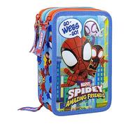 L'ERBAVOGLIO - Spidey - Estuche escolar con 3 cremalleras original Spidiy y sus fantásticos amigos - Spiderman - Completo de 44 piezas - Producto oficial Marvel (azul/rojo)