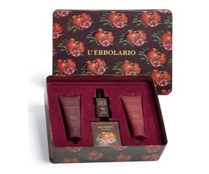 L'Erbolario Melograno Trio Perfume 50 ml + Gel de Baño Granada 100 ml + Crema Corporal 100 ml - Caja Regalo Metálica con Collar Joya
