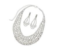 Lerpwige Juego de aretes geométricos huecos y collar en capas con cristales para mujer, juego de aretes de aro calados chapados en plata y collar de cadena en capas