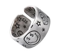 Lerpwige Retro Styles - Anillos de apertura de tamaño ajustable con diseño de estrella y cara sonriente, hechos a mano para mujer, joyería de moda, talla única, como se describe, como se describe