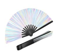 leruiyezs Abanico Holográfico Rave Grande XXL Fiesta Plegable Brillante Diseño Plateado Colorido para Festival Danza Escenario Discoteca Concierto Playa Viaje Accesorio Verano Unisex