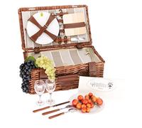 Les Jardins de la Comtesse - Cesta de Picnic Amboise - Completa para 2 Personas - Compartimiento Nevera Isotérmica - Platos de Cerámica y Copas de Vino en Cristal - Tejido con Rayas - 46 x 26 x 18 cm