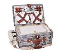 Les Jardins de la Comtesse - Cesta de Picnic Angers en Mimbre - Completa/4 Personas - Compartimiento Isotérmico - Platos de Cerámica y Copas de Vino en Cristal - Tejido Color Crema - 46 x 31 x 22 cm