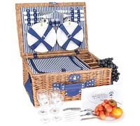 Les Jardins de la Comtesse - Cesta de Picnic con fontanebleau de Mimbre - 4 Personas - Nevera isotérmica/Platos de cerámica/Copas de Vino de Cristal - Tejido Rayas Verticales Azules, 50x36x22cm