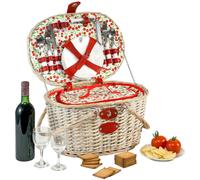 Les Jardins de la Comtesse - Cesta de Picnic Cheverny - Completa/4 Personas - Compartimiento Nevera Isotérmica - Platos de Cerámica/Copas de Vino en Cristal - Tejido Motivos Cerezas - 44 x 31 x 24 cm