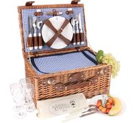Les Jardins de la Comtesse - Cesta de picnic Marly tejido vichy azul - Completo 4 personas - Compartimento nevera isotérmico - Platos de cerámica y copas de vino de cristal - 46 x 31 x 20 cm