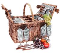 Les Jardins de la Comtesse - Cesta de Picnic de Mimbre Saint Germain Tejido Vichy Verde para 4 Personas, Completa con Compartimientos Isotermos y para Botellas - Dimensiones: 46 x 33 x 24 cm