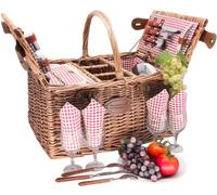 Les Jardins de la Comtesse - Cesta de Picnic de Mimbre Saint Germain Tejido con Cuadros Rojos para 4 Personas, Completa con Compartimientos Isotermos y para Botellas - Dimensiones: 46 x 33 x 24 cm