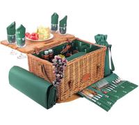Les Jardins de la Comtesse - Cesta de Picnic Saint Honoré Verde - Mimbre Color Miel - Correas de Cuero - 4/Pers - Nevera/Mesa Extraíbles - Platos de Cerámica/Copas de Vino de Vidrio - 45 x 28 x 28 cm