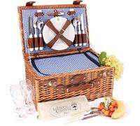 Les Jardins de la Comtesse - Cesta de picnic Marly tejido vichy azul - Completo 4 personas - Compartimento nevera isotérmico - Platos de cerámica y copas de vino de cristal - 46 x 31 x 20 cm