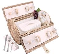 Les Jardins de la Comtesse - Cesta de Picnic Opera en Mimbre - Completa/4 Personas - Compartimiento Isotérmico Extraíble - Platos de Cerámica/Copas de Vino en Cristal - Tejido Beige - 47 x 30 x 30 cm