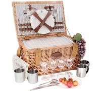 Les Jardins de la Comtesse - Cesta Picnic de Mimbre Concorde - 4 Personas/Nevera isotérmica/Platos/Copas de Vino/Tazas de Metal - Tejido Color Blanco y Gris - 47 x 31 x 24 cm