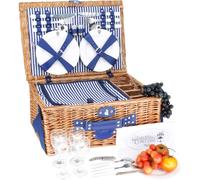 Les Jardins de la Comtesse - Cesta de Picnic con fontanebleau de Mimbre - 4 Personas - Nevera isotérmica/Platos de cerámica/Copas de Vino de Cristal - Tejido Rayas Verticales Azules, 50x36x22cm
