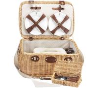 Les Jardins de la Comtesse - Cesta de Picnic Trocadero - Completa/4 Personas - Compartimiento Extraíble - Platos de Cerámica/Copas de Vino en Cristal - Tejido Beige y Puntos Blancos - 50 x 33 x 25 cm