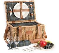 Les Jardins de la Comtesse - Cesta Picnic Trianon Verde - Mimbre y Cuero - Completa para 2 Personas - Compartimiento Nevera Isotérmica - Platos de Cerámica/Copas de Vino de Cristal - 40 x 30 x 23 cm