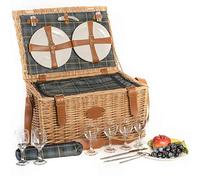 Les Jardins de la Comtesse - Cesta Picnic Trianon Verde - Mimbre y Cuero - Completa para 6 Personas - Compartimiento Nevera Isotérmica - Platos de Cerámica/Copas de Vino de Cristal - 52 x 36 x 27 cm