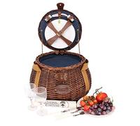 Les Jardins de la Comtesse - Pequeña Cesta de Picnic Rebonda Tuileries - Completa/2 Personas - Compartimiento Isotermo Fijo - Platos de Cerámica/Copas de Vino en Cristal -Tejido Azul - 33 x 33 x 24 cm