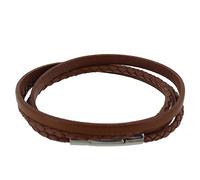 LES POULETTES BIJOUX - Pulsera de Hombre Dos Tiras de Cuero Plano y Trenzado Redondo Cierre de Acero Inoxidable - Classics - Marrón Claro