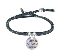 LES POULETTES BIJOUX - Pulsera Doble Enlace liberty y Medalla Toujours de Bonne Humeur en Plata 925 - Gris