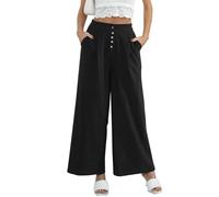 Les umes Mujeres Algodón Lino Casual Talle Alto Pierna Ancho Pantalones Largos sueltos Color Sólido Botones Pantalones con Bolsillo, Negro , L