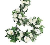 LESING 4 Piezas Guirnaldas de Rosas Artificiales Flores Plantas Falsas Colgantes Vides de Rosas Artificiales Guirnalda de Ratán con Hiedra para Decoración de Jardín Boda Hotel - Blanco