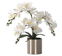 LESING Flor Artificial de Orquídea Blanca Phalaenopsis con Jarrón, Bonsái de Imitación, Arreglo en Maceta para Decoración del Hogar (Blanco, Jarrón Plateado)