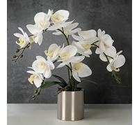 LESING Flor Artificial de Orquídea Blanca Phalaenopsis con Jarrón, Bonsái de Imitación, Arreglo en Maceta para Decoración del Hogar (Blanco, Jarrón Plateado)