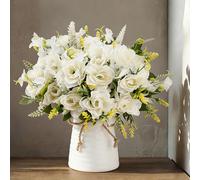 LESING Flores Artificiales Gardenia de Seda con Modernos Ceramica Jarrones de Flores para 3 Piezas de Ramo Novia para Centro de Mesa Decoración, Oficina, Hogar, Cocina, Regalo - Blanco